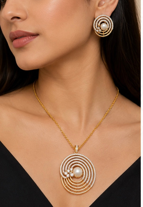 Gold-Plated Spiral Pearl and American Diamond Pendant Set
