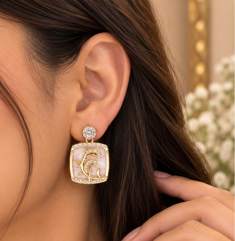 Korean-inspired baby-pink square drop earrings