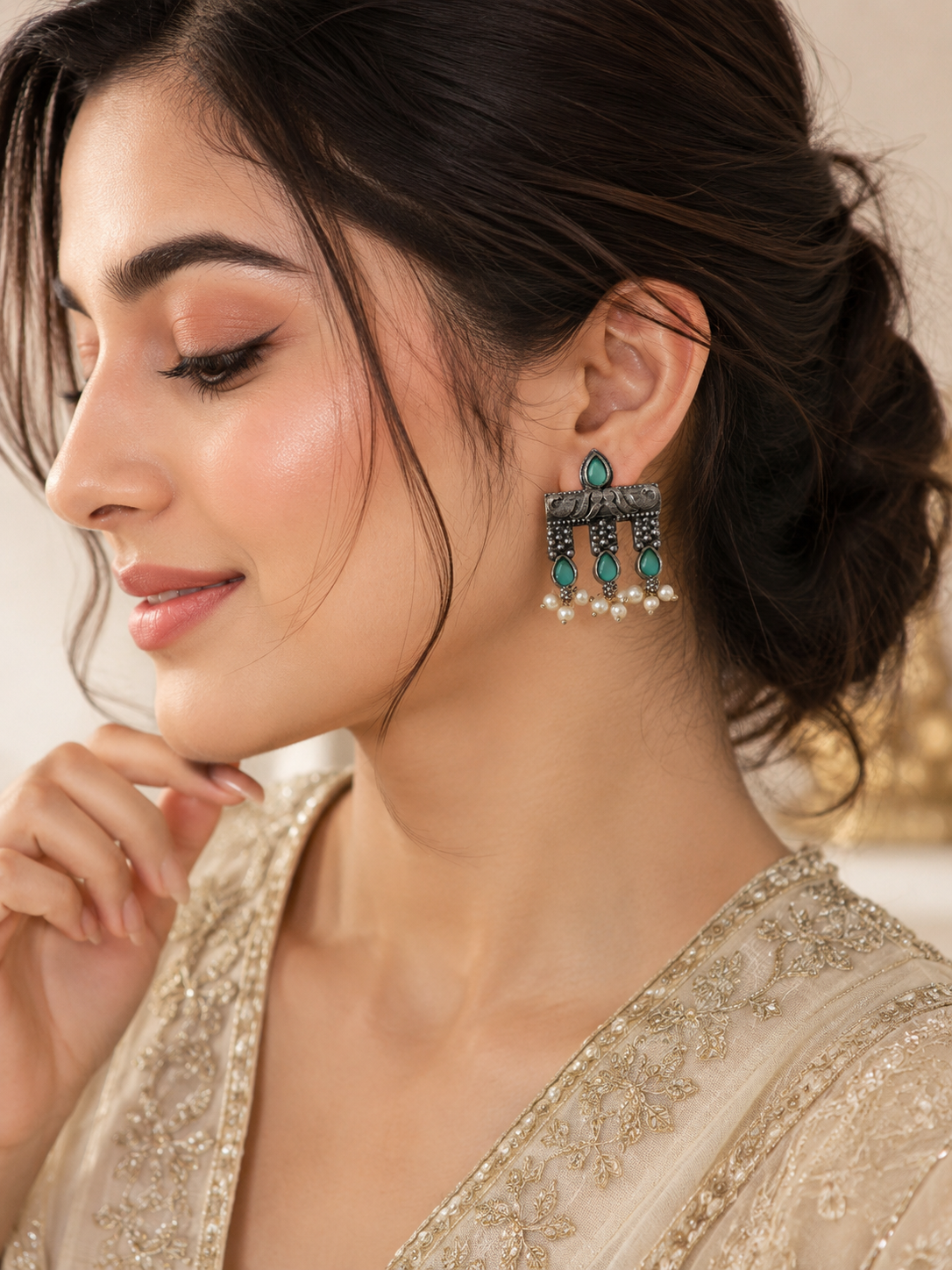 Vintage Oxidized Silver Jhumka-Style Stud Earrings