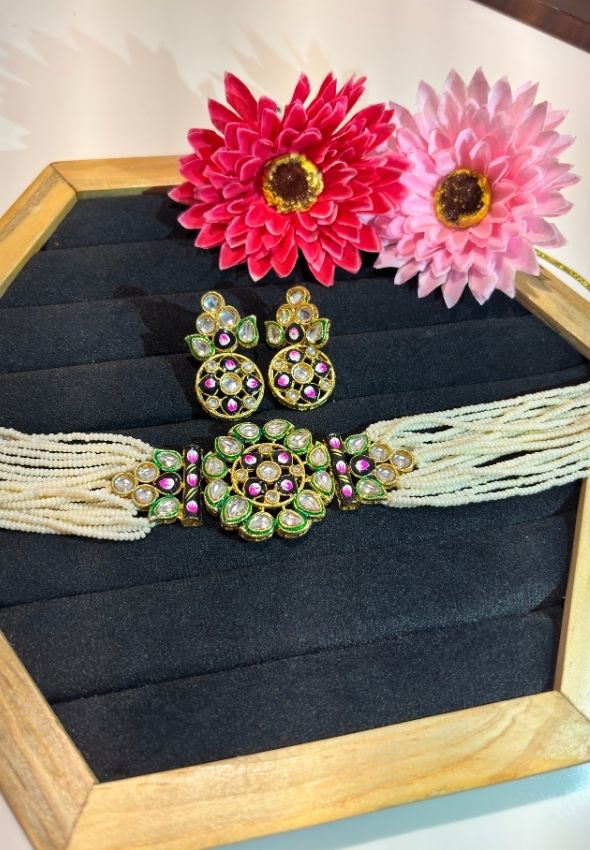 Polki flower shape choker with mini pearl strands