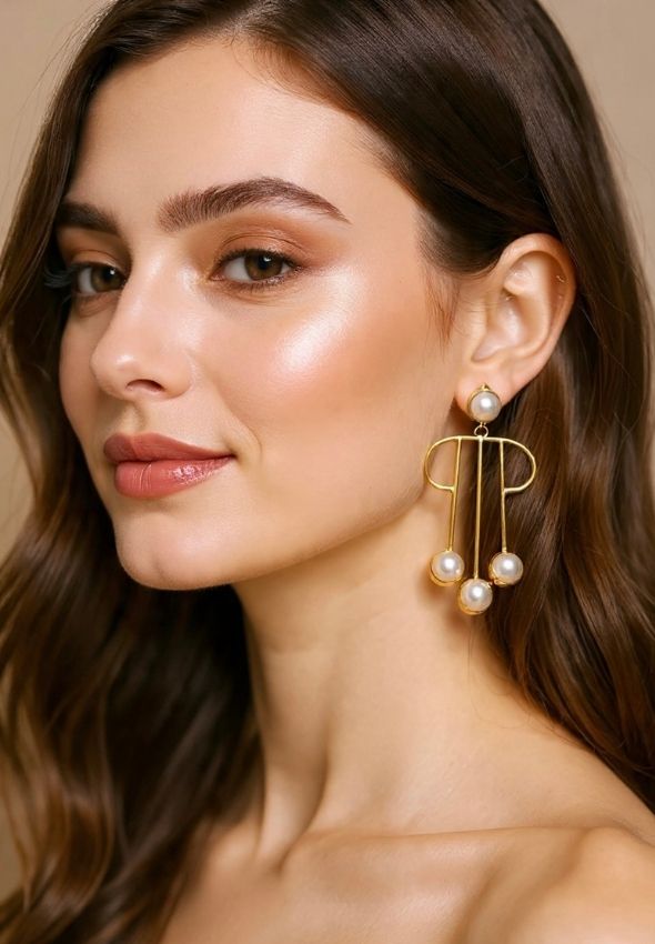 Modern pearl drop brass earring