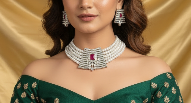 AD choker with 5 pearl strands