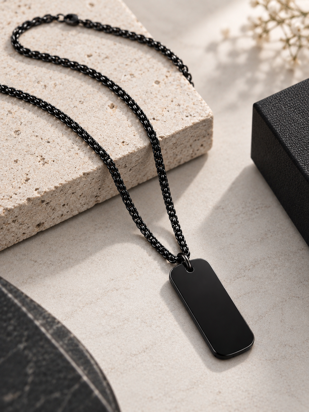 Men's matte black minimal bar tag pendant necklace