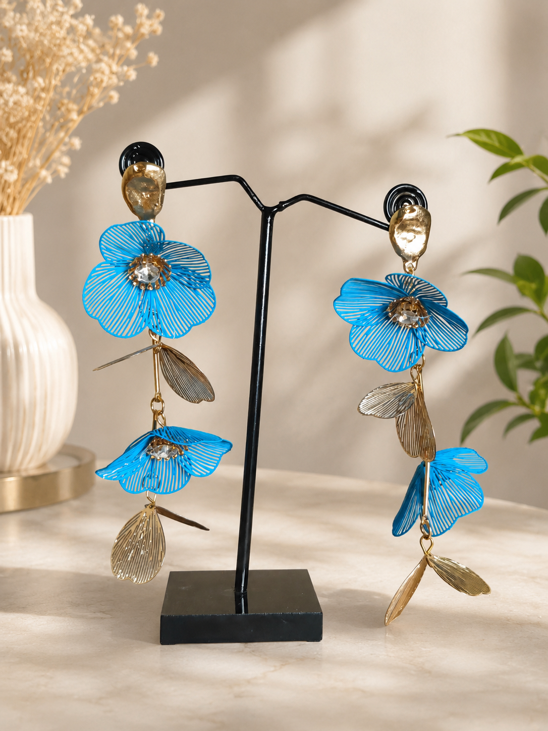 Botanical Wire-Mesh Floral Dangler Earrings