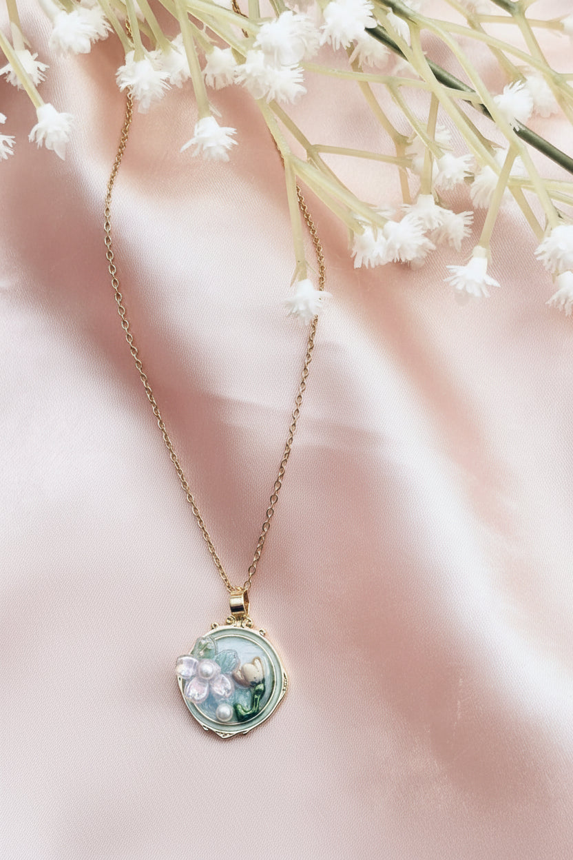 Dainty Enamel Flower & Pearl Token Necklace