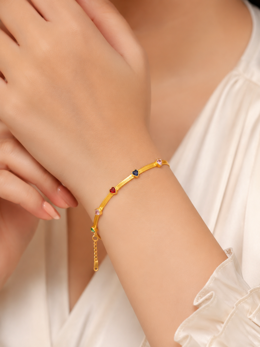 Whimsical multi-colored heart station bracelet