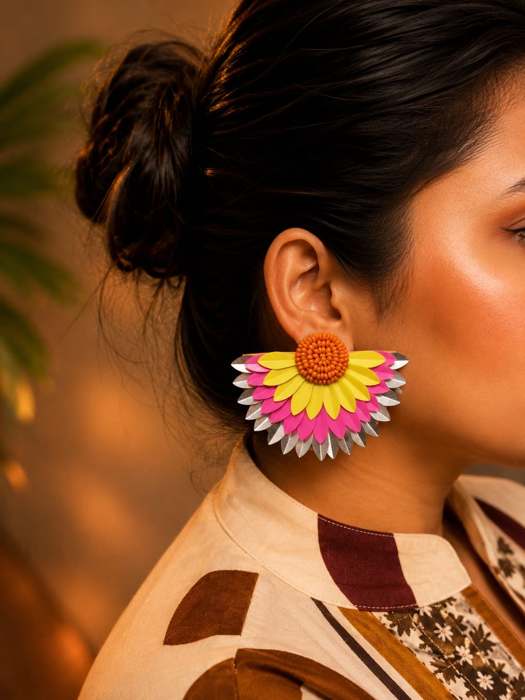 Tri-Tone Floral Statement Stud Earrings