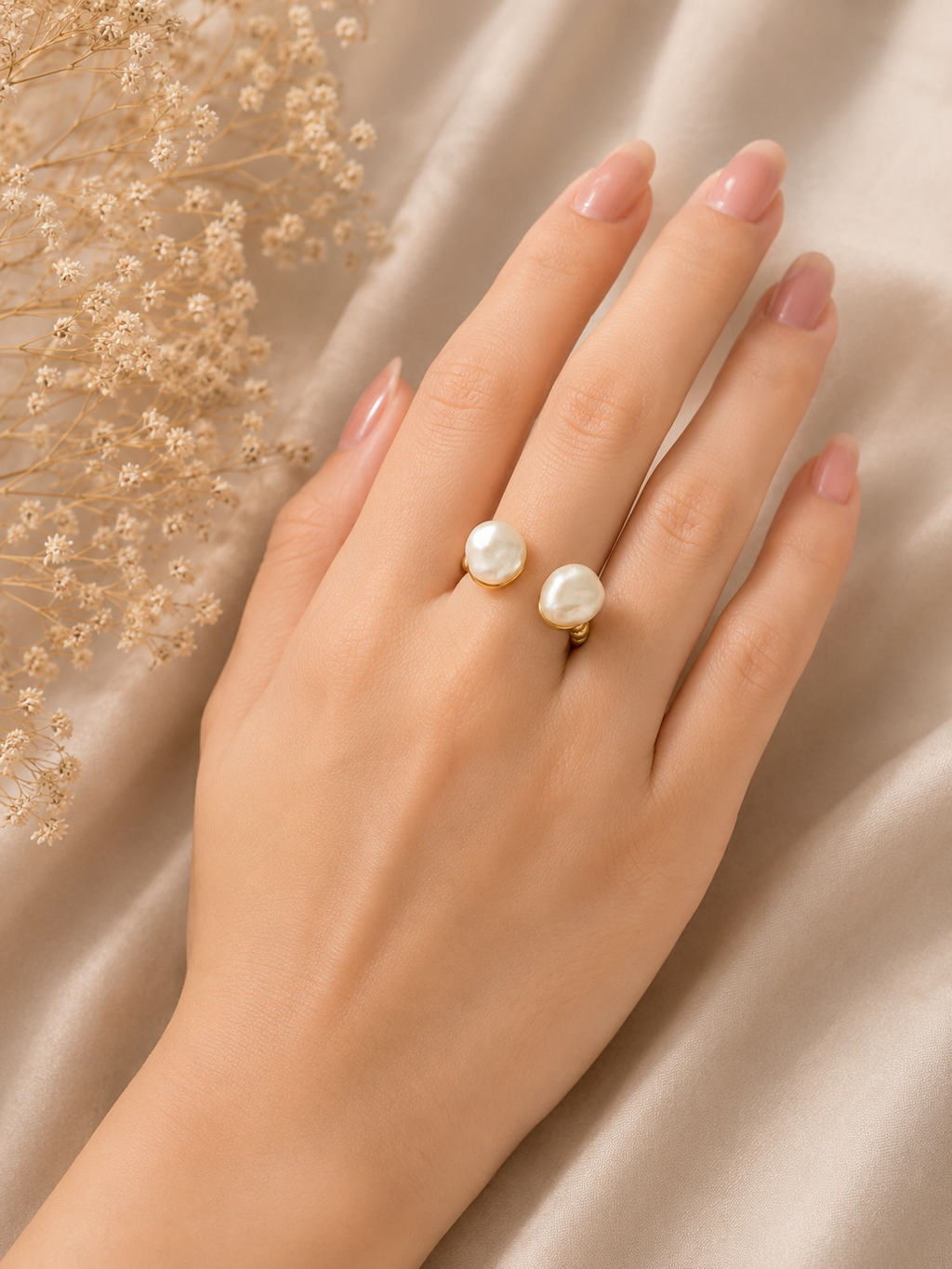 Double Pearl Open Cuff Ring