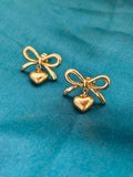 Golden Bow & Heart Charm Drop Studs
