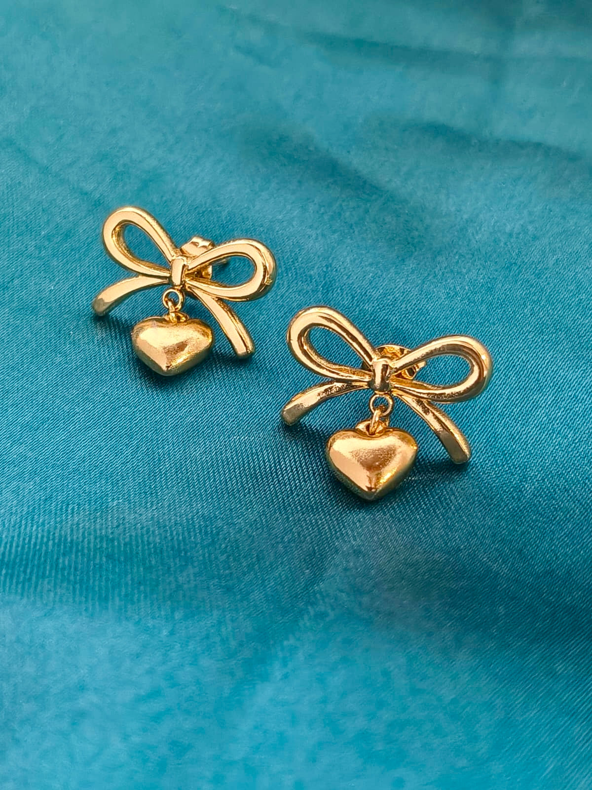 Golden Bow & Heart Charm Drop Studs