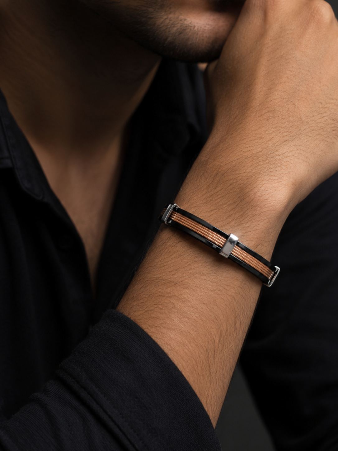 Industrial black and rose gold cable men's bracelet