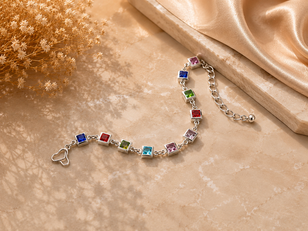 Multicolor square bezel-set crystal silver chain bracelet