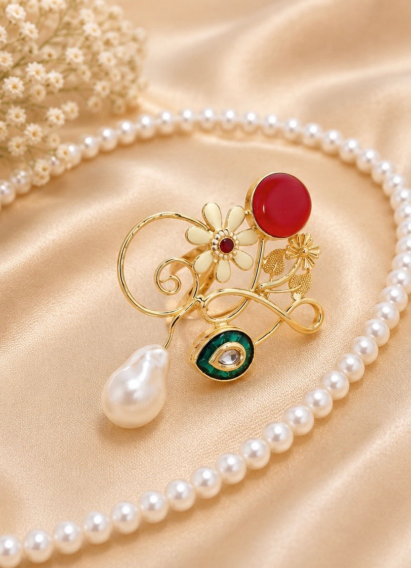 Gold-Plated Multi-Element Floral Bouquet Statement Ring.