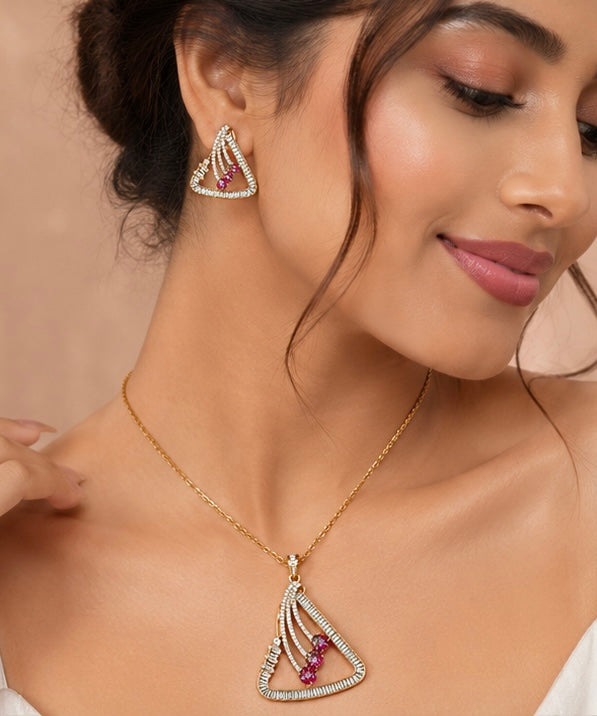 Gold-Plated Triangular  American Diamond Pendant Set