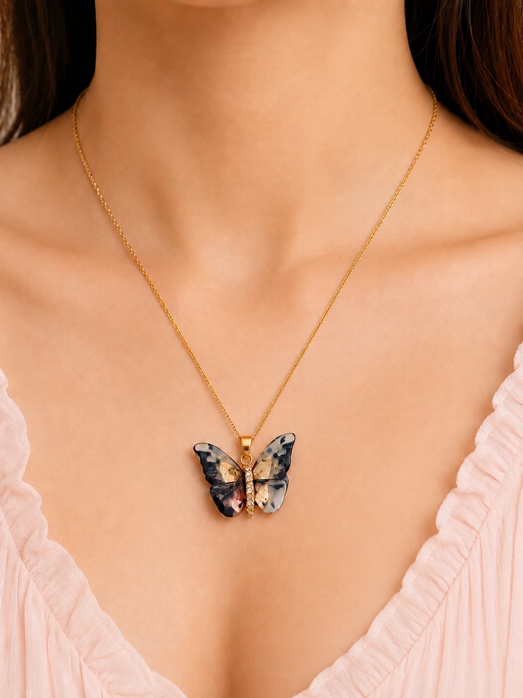 Multicolor Resin Butterfly Pendant Necklace