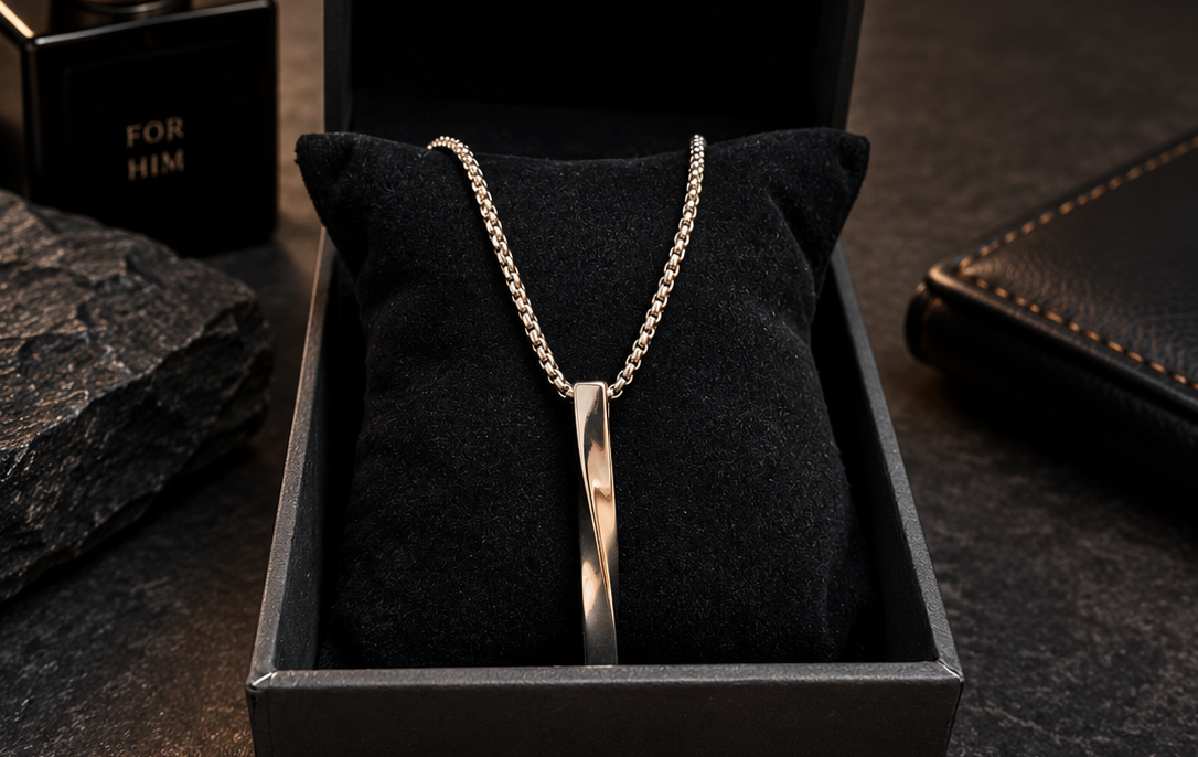 Men's silver twisted minimalist vertical bar pendant necklace