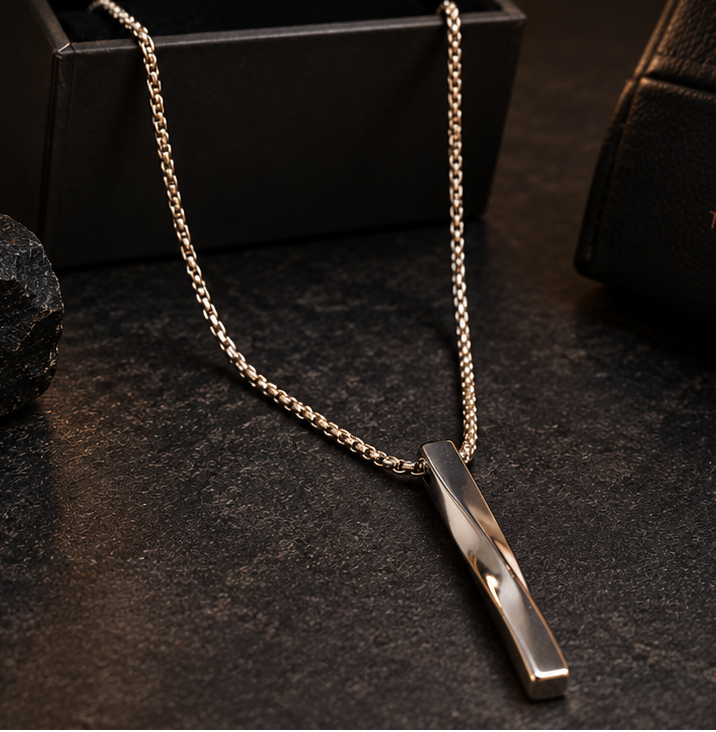 Men's silver twisted minimalist vertical bar pendant necklace