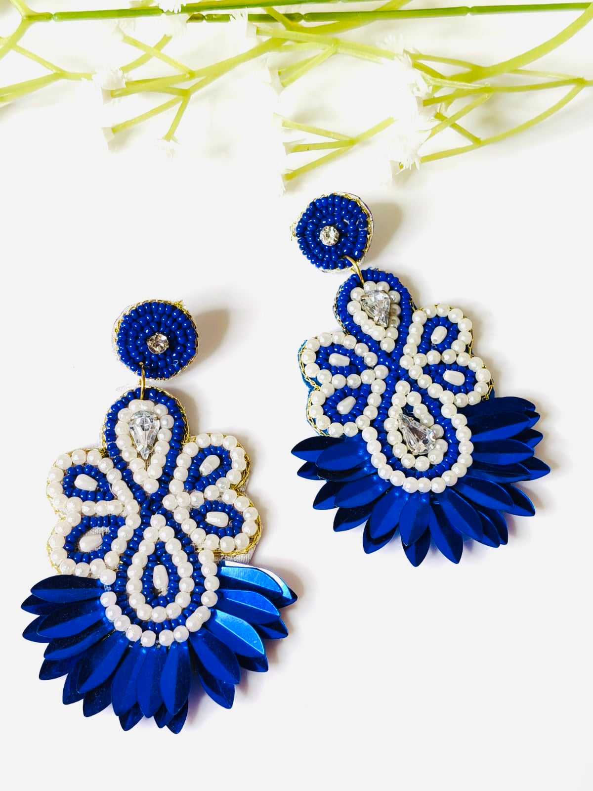 Handmade royal blue and pearl floral beaded drop earrings.