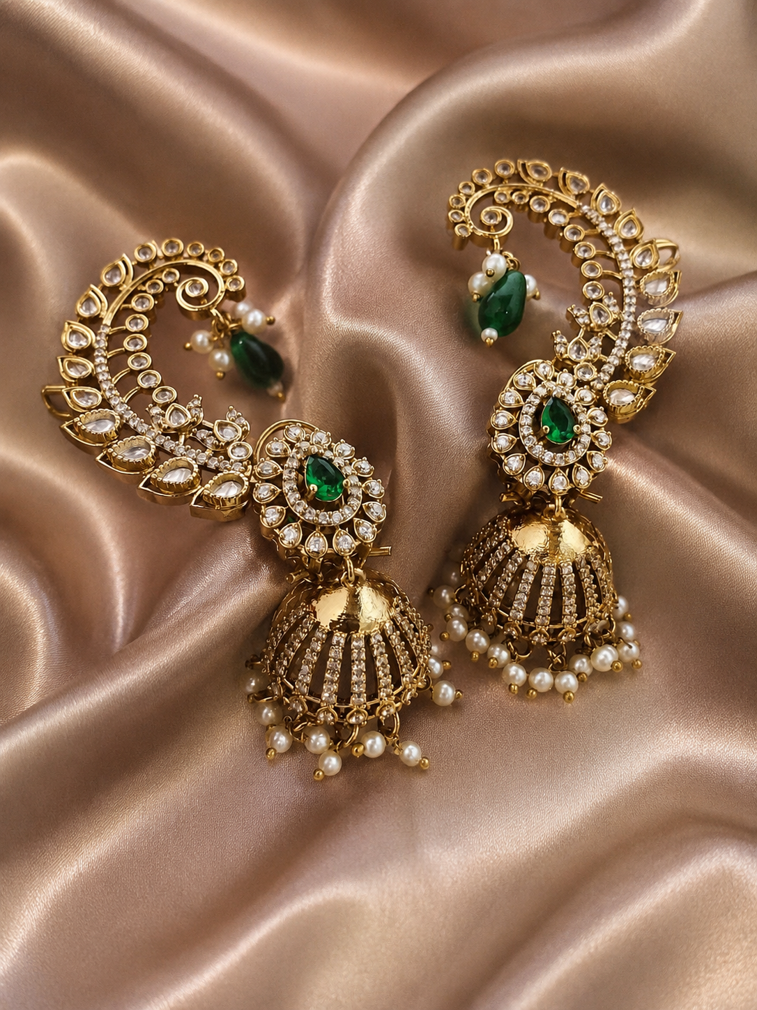 Rajwadi Antique Gold American Diamond Ear Cuff Jhumka
