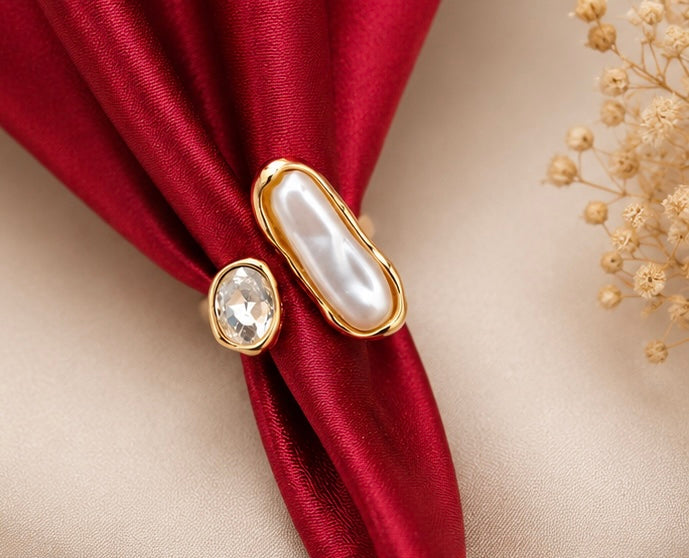 Organic molten gold elongated pearl and crystal bypass ring