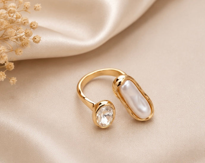 Organic molten gold elongated pearl and crystal bypass ring