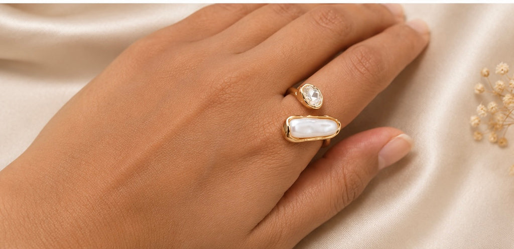 Organic molten gold elongated pearl and crystal bypass ring
