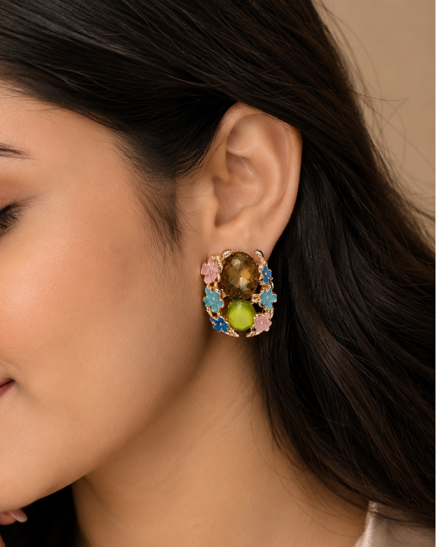 Olive and enamel floral cluster stud earrings