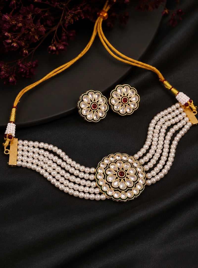 Polki flower shape choker with big pearl strands