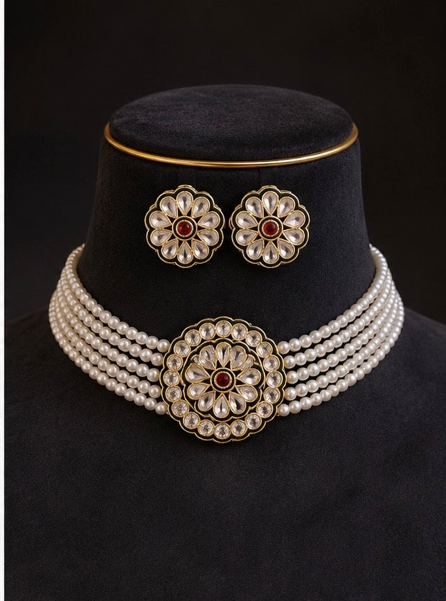 Polki flower shape choker with big pearl strands