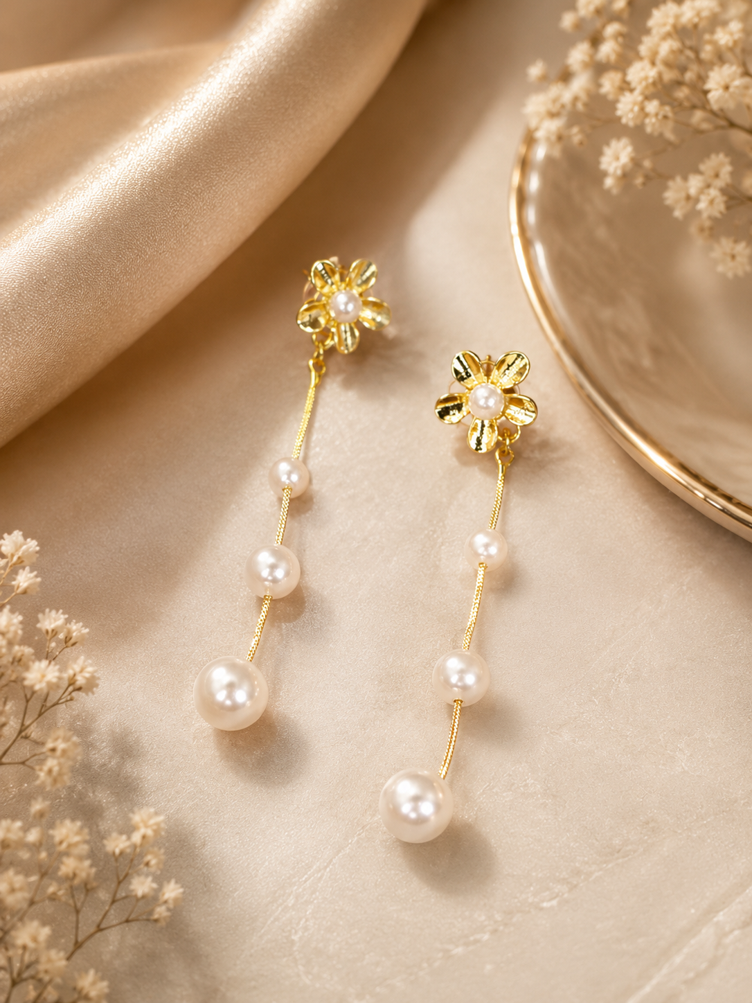 Floral Blossom Long Pearl Drop Earrings