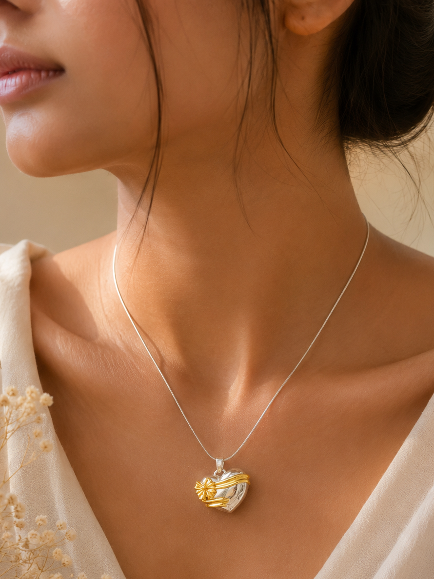 Two-Tone Convertible Heart Flower Locket Necklace Set