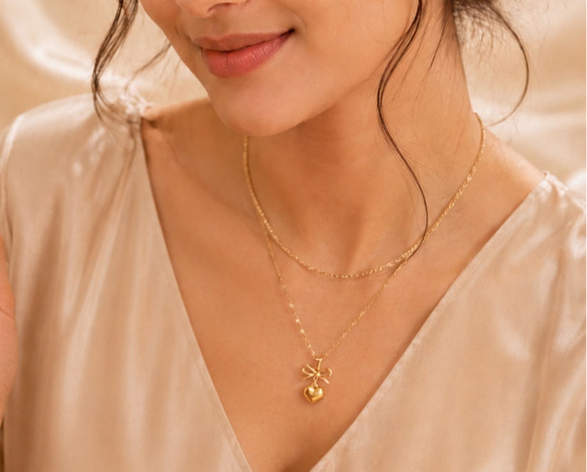 Coquette Layered Snake Chain & Bow Heart Pendant Necklace