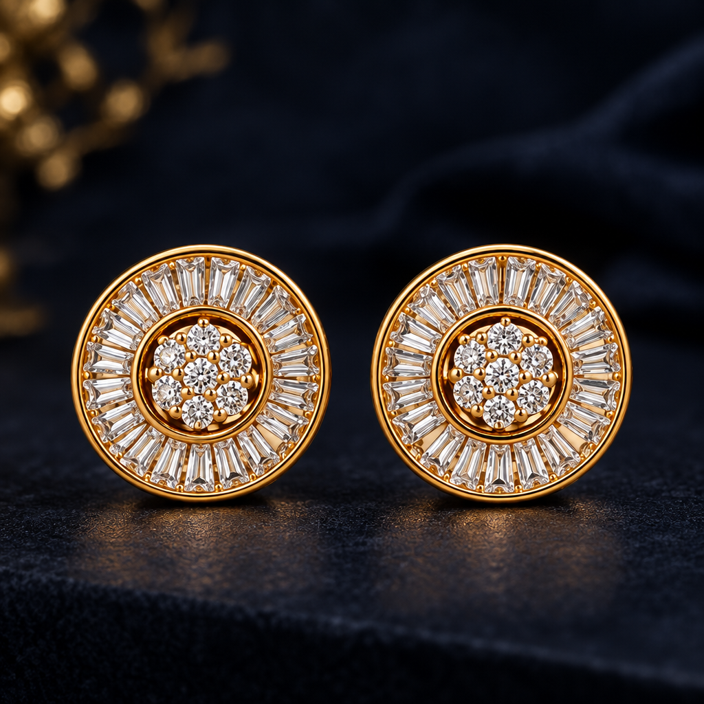 A pair of exquisite, sunburst-inspired circular halo stud earrings