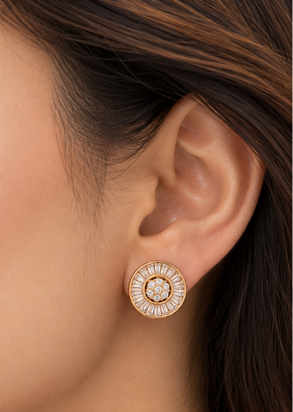 A pair of exquisite, sunburst-inspired circular halo stud earrings