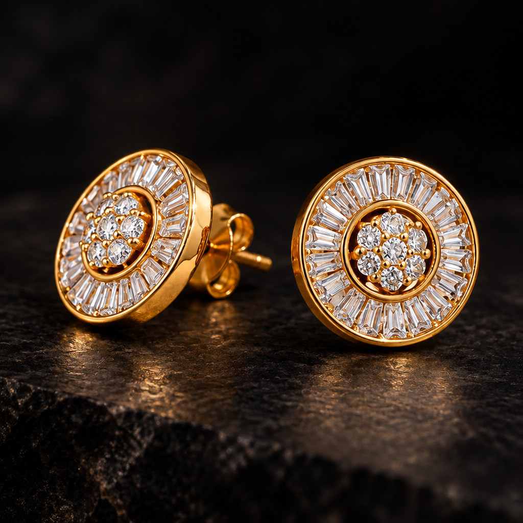 A pair of exquisite, sunburst-inspired circular halo stud earrings