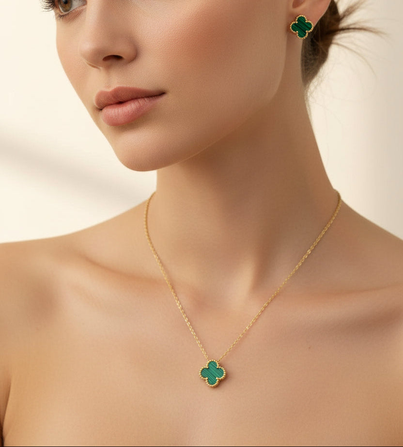Dainty Emerald Green Clover Pendant and Stud Set