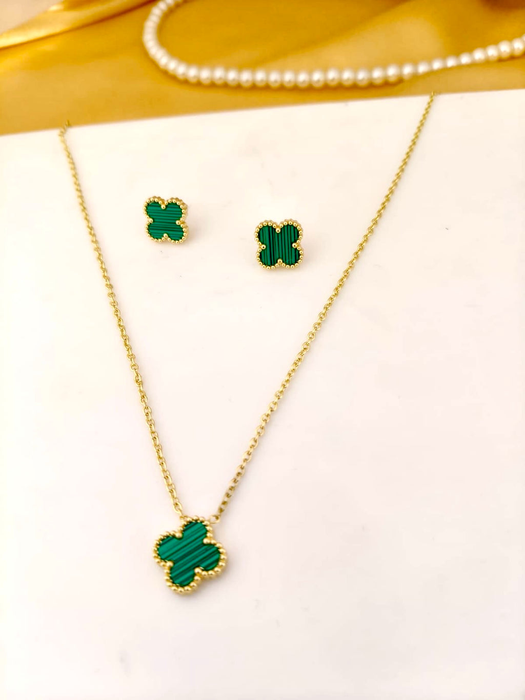 Dainty Emerald Green Clover Pendant and Stud Set