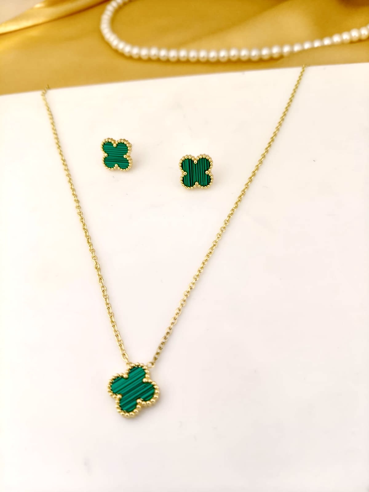 Dainty Emerald Green Clover Pendant and Stud Set