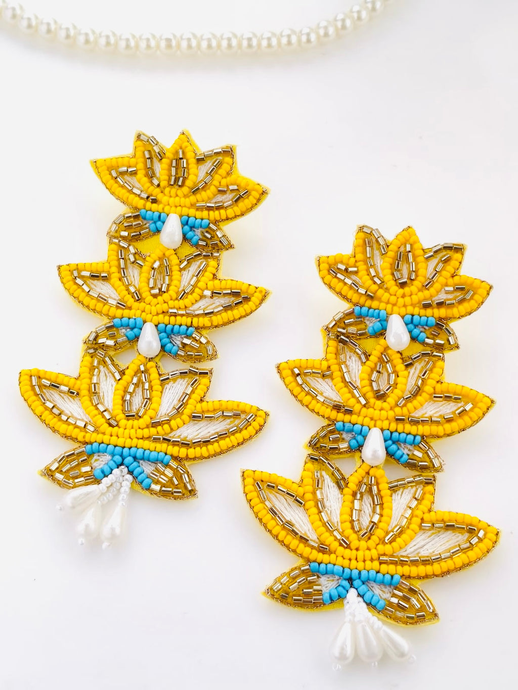 Handmade Three-Tier Beaded Lotus Statement Earrings