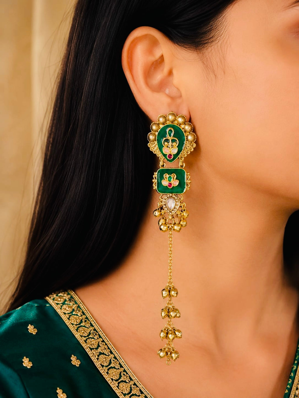 Royal Green Kashmiri Meenakari long drop earrings