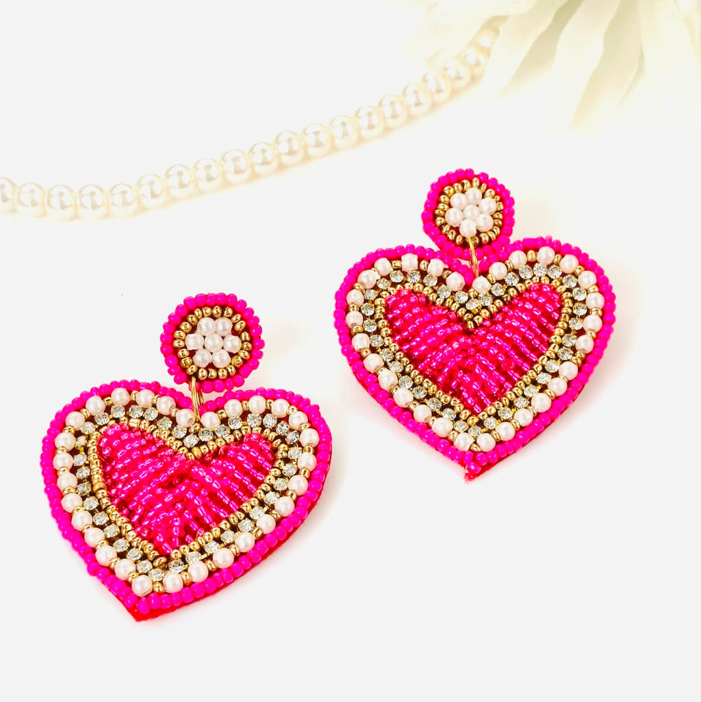 Handmade Beaded Heart Statement Earrings