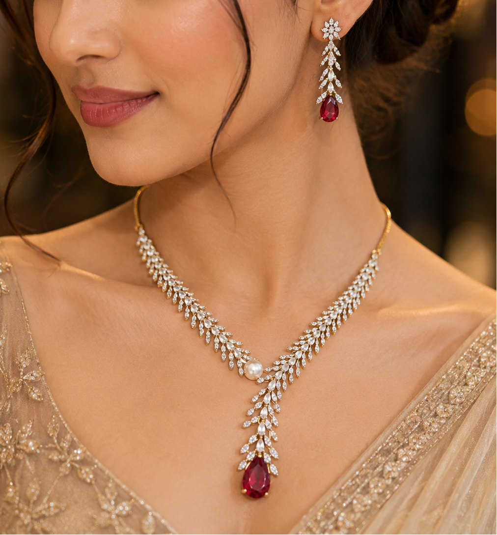 Ruby red stone and American diamond necklace set