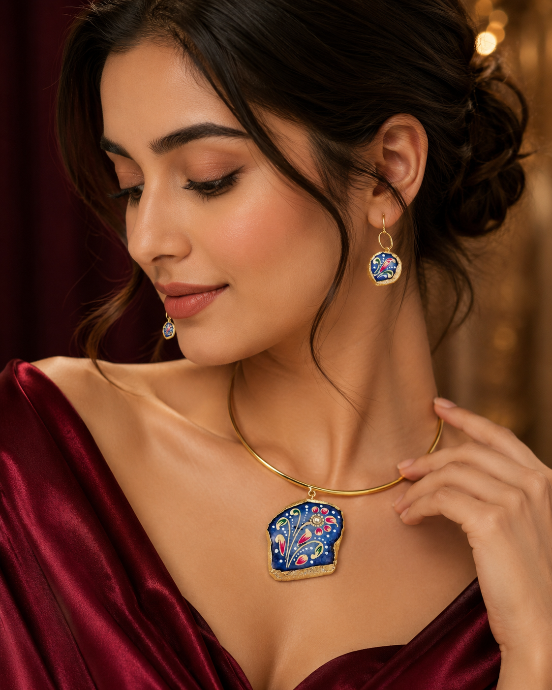 Handcrafted Hand-Painted Tanjor Art Statement Jewelry Set