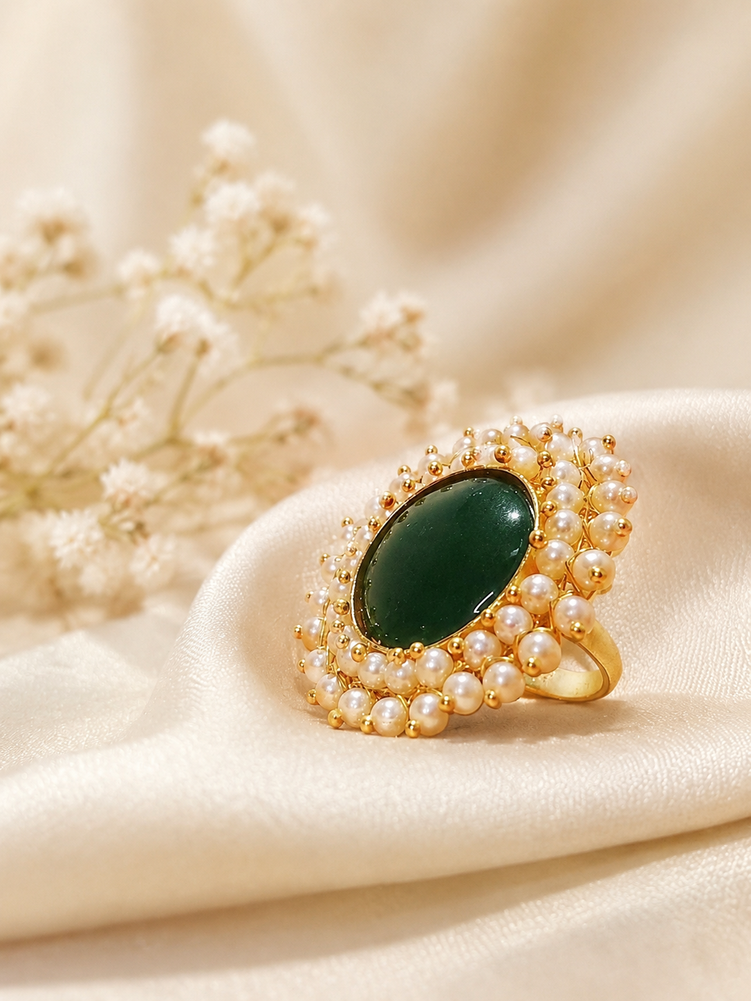 Gold-Plated Circular Stone Cocktail Ring with Pearl Border Accent.