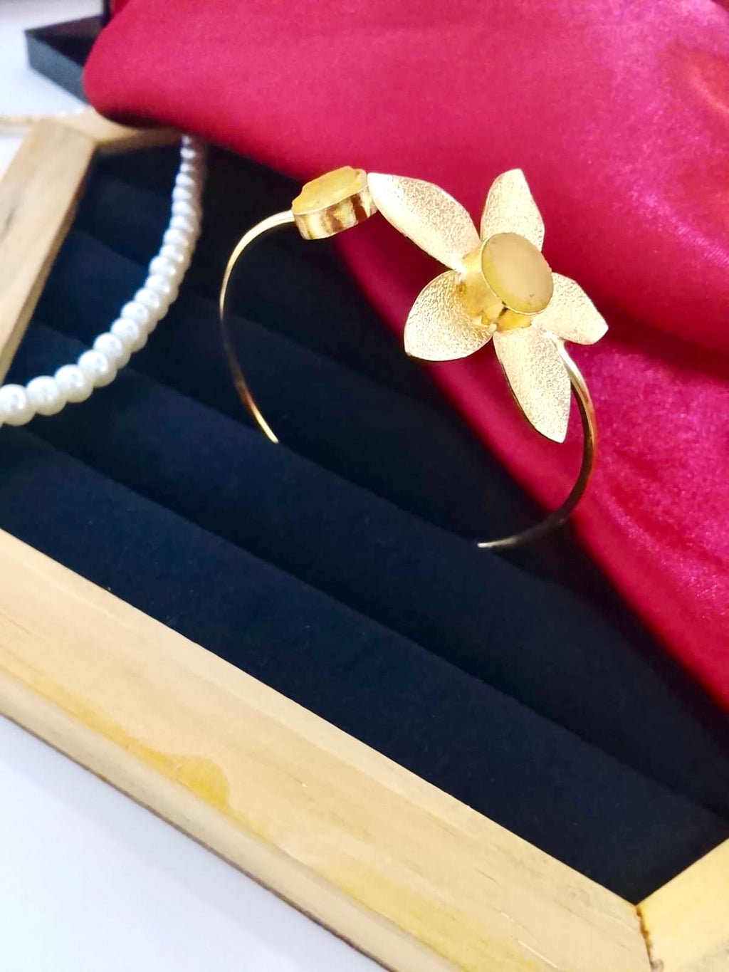 Gold-Plated Textured Floral Open Cuff Bracelet with Matte Stone