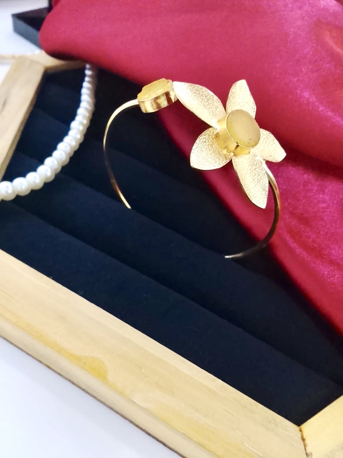 Gold-Plated Textured Floral Open Cuff Bracelet with Matte Stone