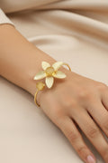 Gold-Plated Textured Floral Open Cuff Bracelet with Matte Stone