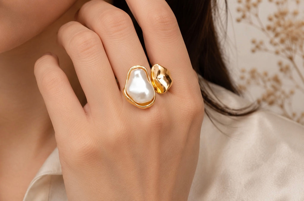 Asymmetric Baroque Pearl Molten Gold Wrap Ring