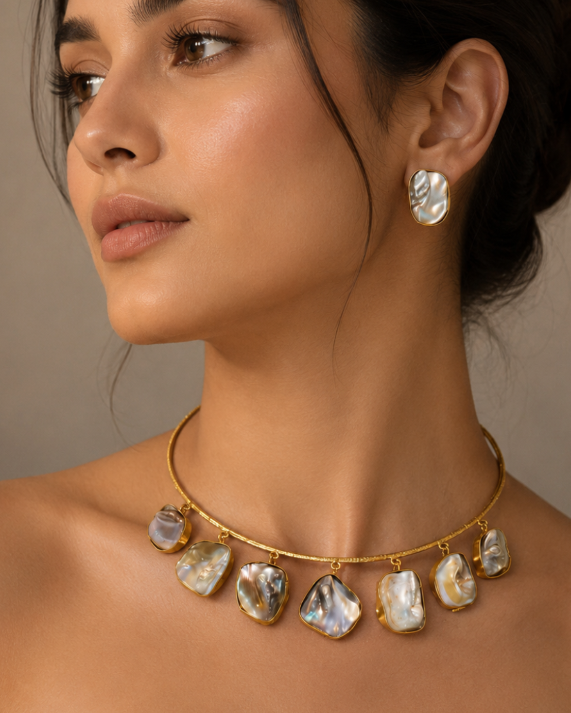 Artisanal Mother-of-Pearl Gold-Plated Hansli Choker & Earring Set