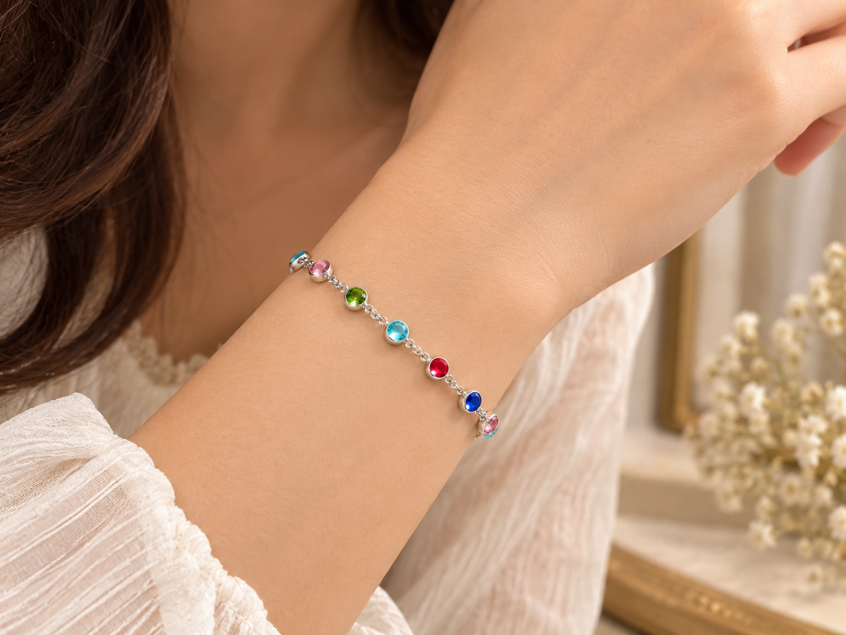 Multicolor bezel-set crystal chain bracelet (silver)